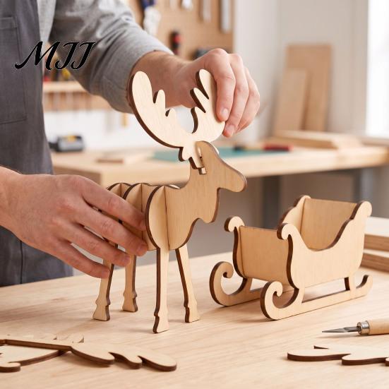 Creative Painting Project for Christmas Wooden Elk and Sleigh Tabletop Ornament, DIY Wood Art Craft Natural Gift Children Festive Holiday Decoration,