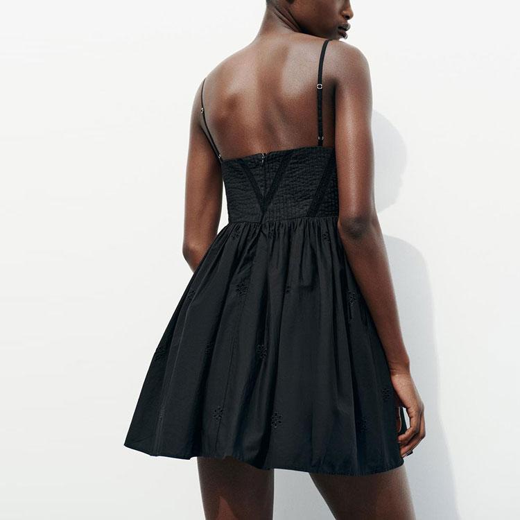Zara Solid Color Comfortable Embroidered Slip Dress Women Dresses Black 7521303-800