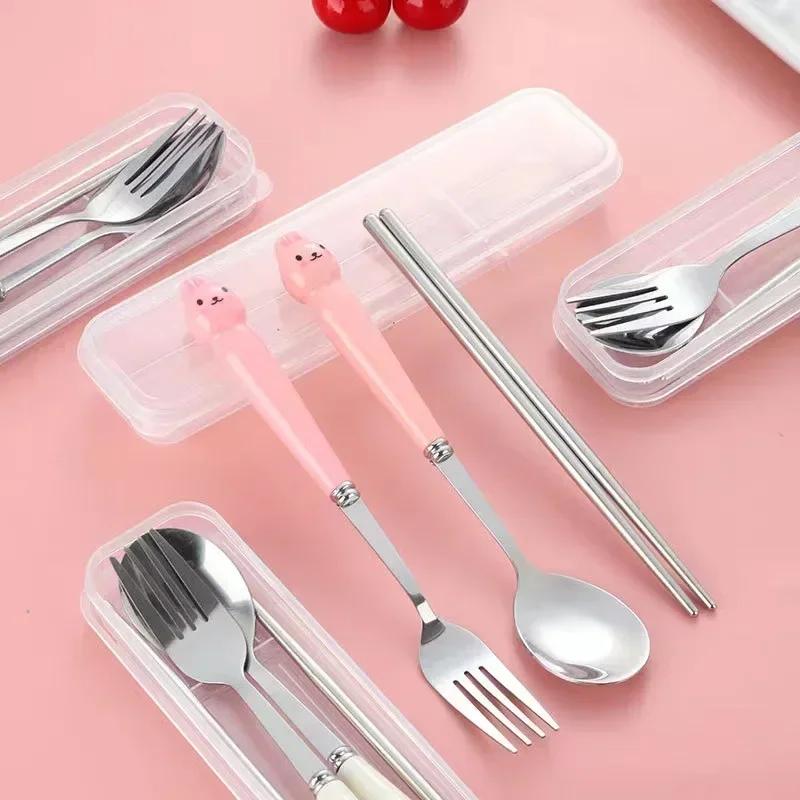 Cute Cartoon Travel Tableware with Case Portable Utensils Cutlery Set Reusable Flatware Silverware Include Fork Spoon with Case