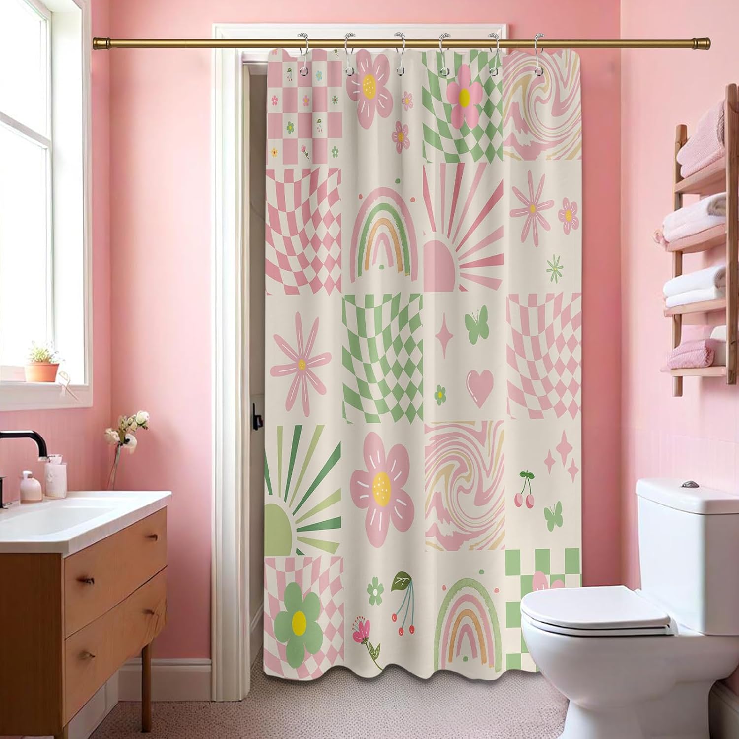 

Retro Shower Curtain Cute Pink Y2K Groovy Girls Floral Bathroom Decor, Waterproof Cloth Fabric With Hooks W60H190(CM)-1 Pcs