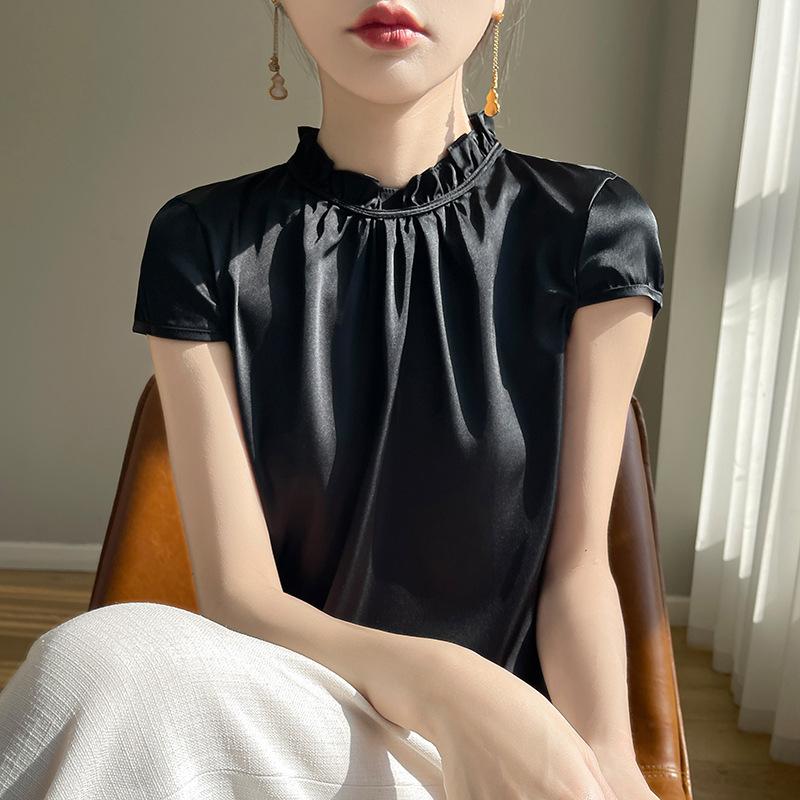 Summer Women's Silk Half High Neck Wooden Ear Side Design Solid Colour T-Shirt Top Camisole Short-sleeved Top