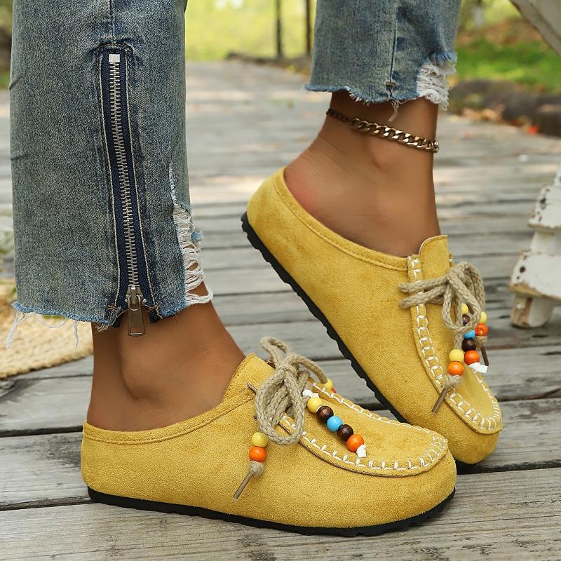 Women's Flat Beaded Closed-Toe Slip-On Mule Sandals, Comfortable Trendy Soft-Soled Casual Footwear, Available In Large Sizes.
