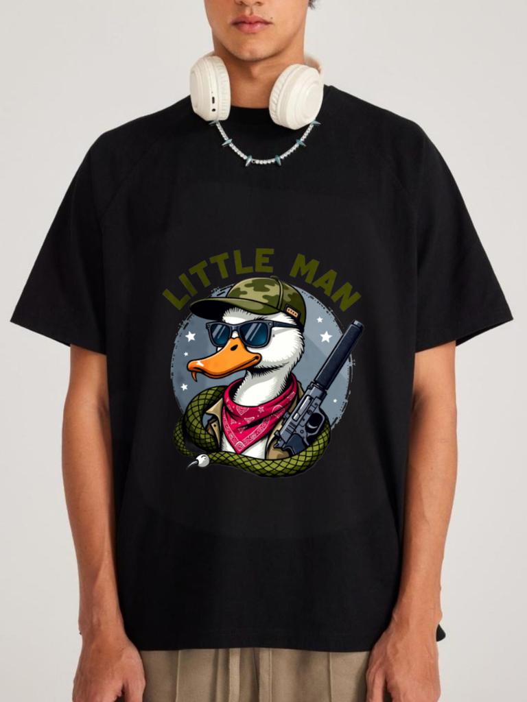 Cotton T Shirt White Duck with Hat and Gun Little Man Graphic Print Casual Wear for Men