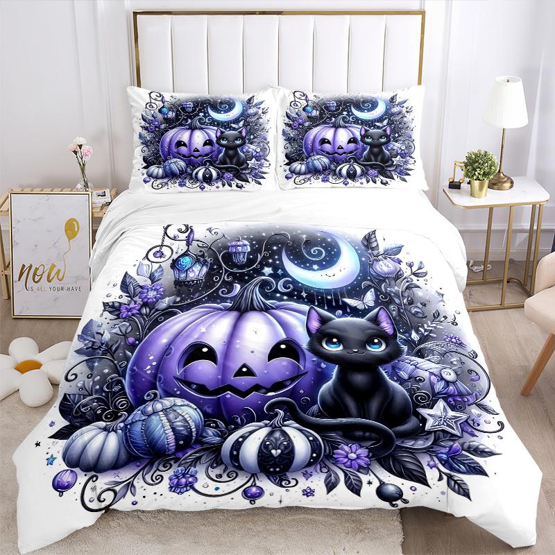 3pcs Happy Pumpkin & Cat Print Bedding Set (1 Cover + 2 Pillowcases, Without Inserts), This Printed Bedding Set is Soft and Comfortable, Sui