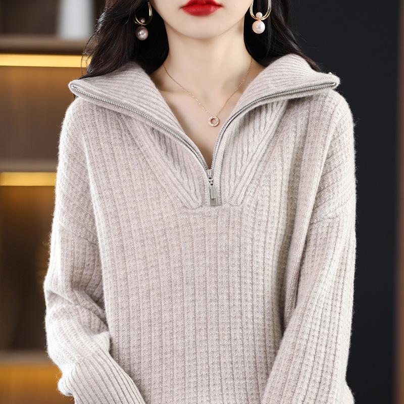 

Женский шерстяной свитер на молнии до середины с толстым лацканом - Облегающий трикотаж для осени/зимы L (110-125 jin)