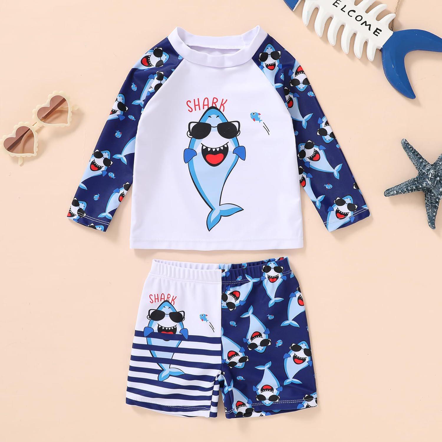 

Toddler Boys Striped Shark Two-Piece Swimsuit - Long Sleeve Top & Shorts 18-24 Months