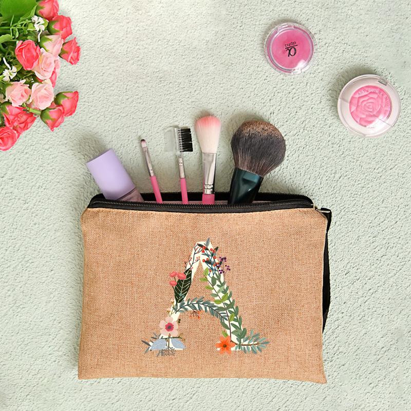 26 Letters Floral Women Cosmetics Woman Zipper Pouch Fashion Women Linen Cosmetic Bags Travel Portable Makeup Bag Cosmetic Bag