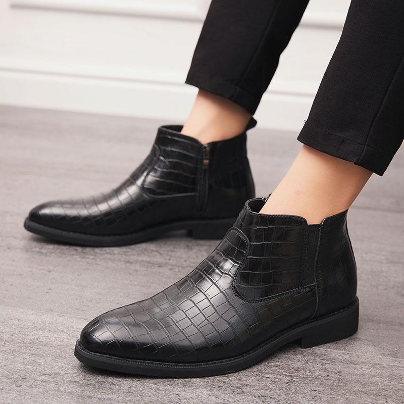 New Winter Fashion Chelsea Ankle Boots Men's Pointed Alligator Pattern Casual Shoes Luxury Designer High Tops Zapatos Hombre