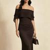European and American one-word shoulder dress, waist slim-fitting hip-wrapped fishtail skirt, dinner party date light dress