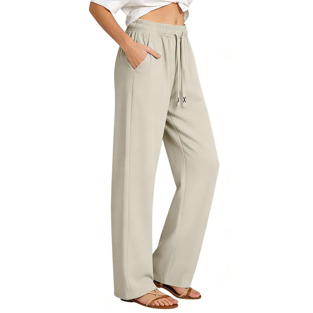 Women's Loose Fit Wide Leg Drawstring Waist Pants with Pockets Casual Straight Leg Trousers for Everyday Wear