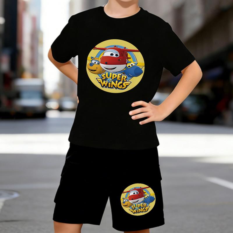 

Boys 2 Piece Cute cartoon printed T-shirt Outfit, Short Sleeve T-Shirt and Shorts Set for Kids Age 5-14,White Sporty Casual Summer Clothes 5-6 Years чёрный