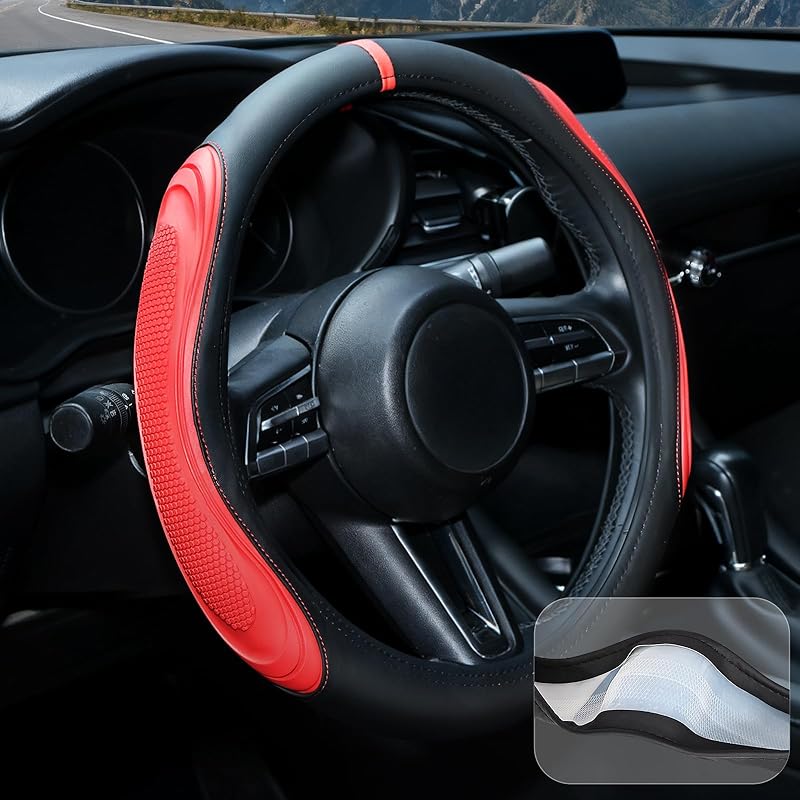 XCBYT Steering Wheel Cover - Black Leather Steering Wheel Wrap Great Grip With 3D Honeycomb Quick And Effortless Tallation Non-Slip Silicone Inner