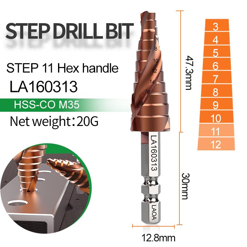 LAOA Pagoda Step Drill Bit 3-13mm 4-22mm 4-32mm HSS-CO M35 Hex Triangle Spiral Grooved Wood Metal Hole Cutter Drilling Tools Set