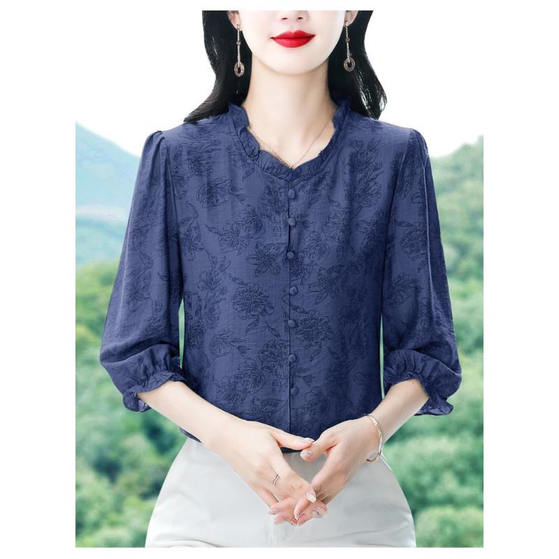 

2025 Autumn New Women s Spliced Stand-up Collar Button Print Fashion Versatile Casual Three-quarter Sleeve Shirt S синий