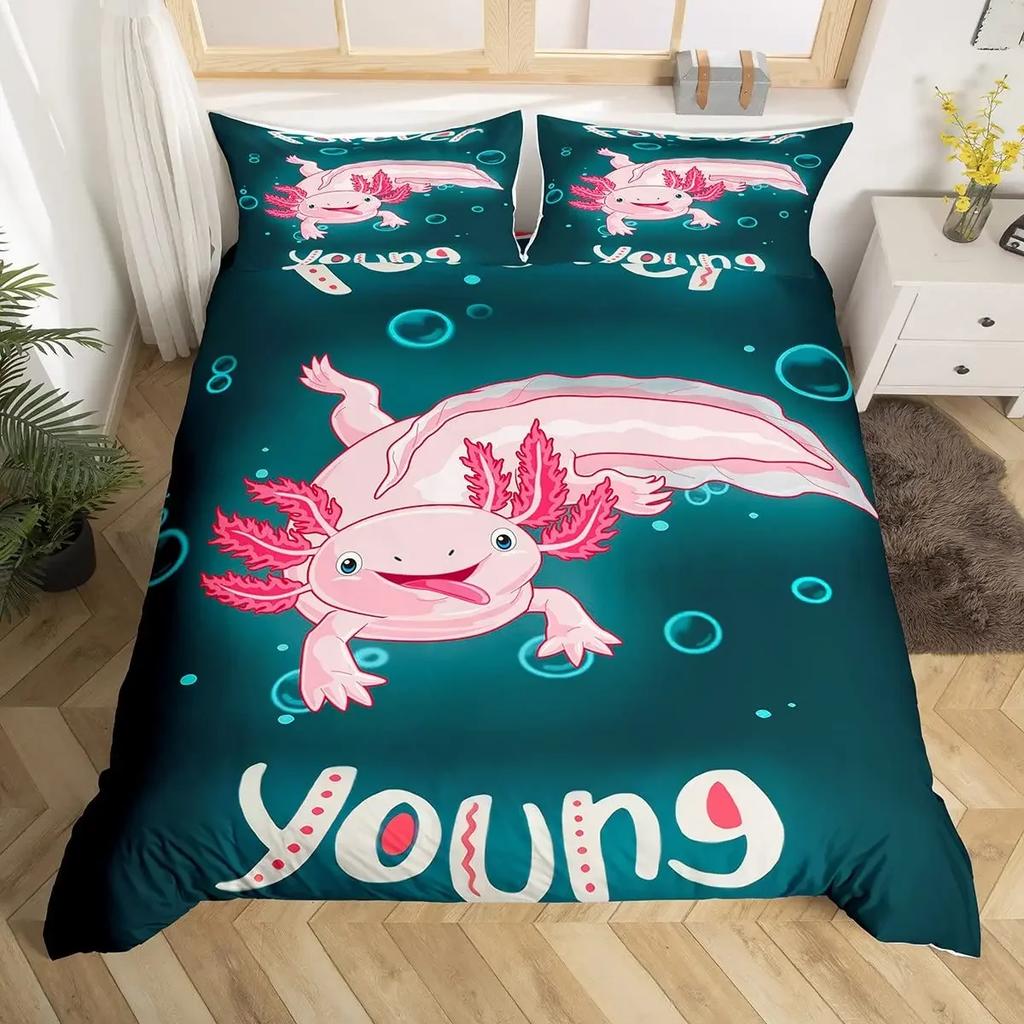 Comforter Cartoon Pink Axolotl Floral King Queen Kawaii Salamander Bedding Set 3D Animal Polyester Comforter