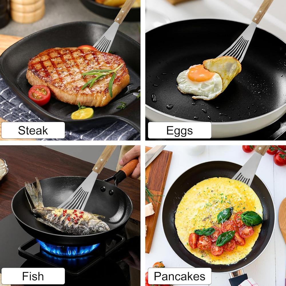 Durable Fish Turner Spatula Stainless Steel Lightweight Frying Shovel Wooden Handle Sloped Head for Flipping Foods Kitchen Tool