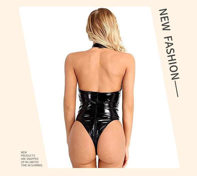 Evropský & Americký Styl Otevřený Rozkrok Síťovaný Lakovaný Kožený Body - Erotické Dámské Odhalující Hrudník Spodní Prádlo Taneční Oblečení