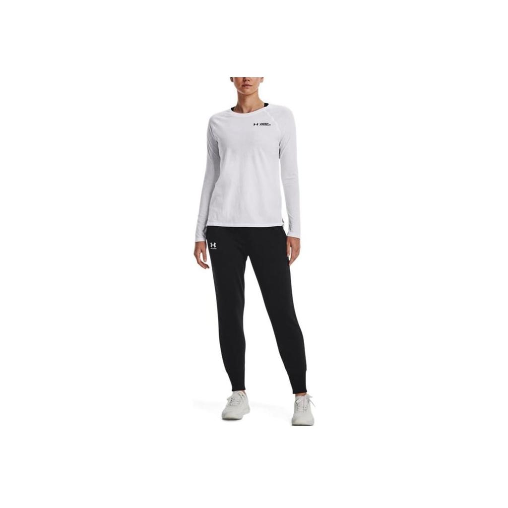 Under Armour Script Wordmark Solid Logo Print Crew Neck Long Sleeve T-Shirt Women Tops White 1374188-100