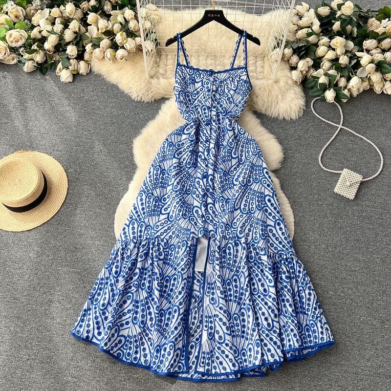 

Seaside Vacation Style Printing Slip Dress Women s Summer Cut Out Split Stylish Niche Style Chic Fairy Long Dress Blue L