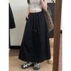 Plus Size Korean A-line Solid Color Mid-length Skirt - Spring/Summer Casual Style with Drawstring and Spliced Design