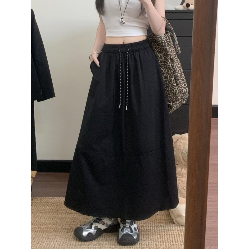 Plus Size Korean A-line Solid Color Mid-length Skirt - Spring/Summer Casual Style with Drawstring and Spliced Design