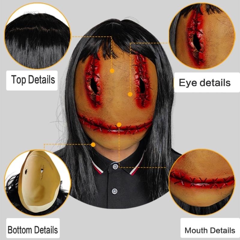 Scary Bloody Mask with Hair Female Ghostly Full Face Mask Headgear Cosplay Party Mask for Carnivals Halloween Decorations