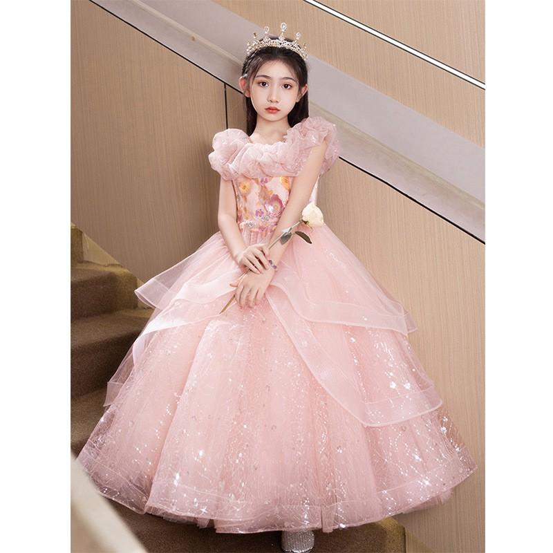 Girls Princess Dress Pink Formal Gown Pageant Piano Performance Kids Party Wear