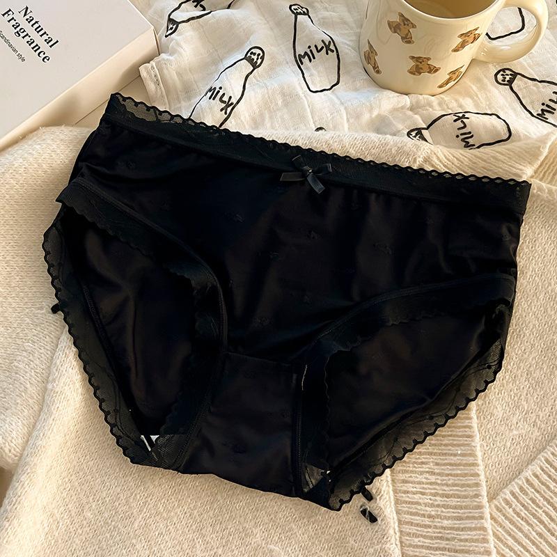 Women Mid Waist Ice Silk Lace Solid Color Antibacterial Crotch Comfortable Ladies Panties