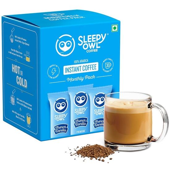 Sleepy Owl French Vanilla Flavour 100% Arabica Coffee Sachets | 60g - Pack of 30 x 2g Instant Coffee Powder Sachets | Travel Friendly