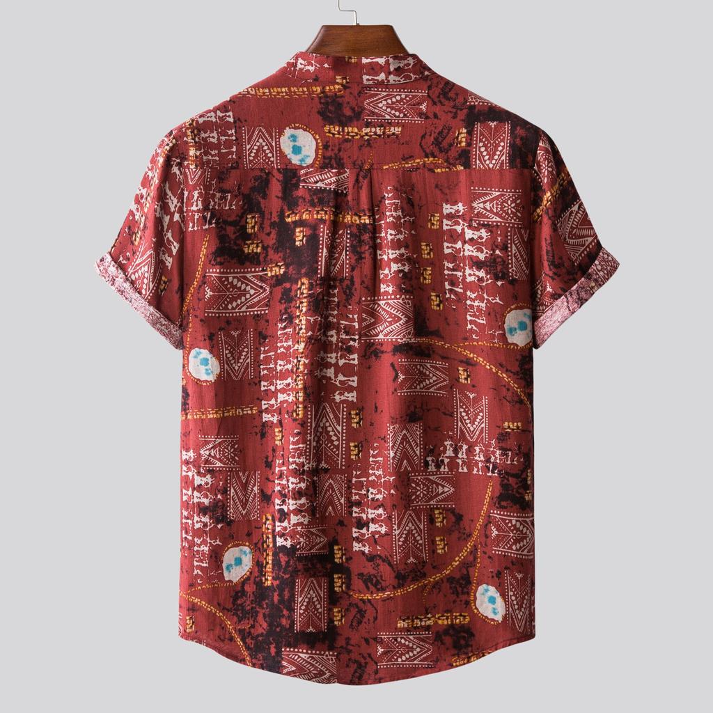 Mens Linen Ethnic Short Sleeve Casual Printing Hawaiian Shirt Blouse T-shirt