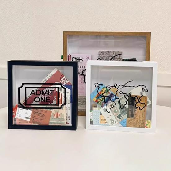 Travel Adventure Archive Shadow Box Square Ticket Stub Stamp Letter Photo Keepsake Storage Box with Slot Home Office Desktop Decoration