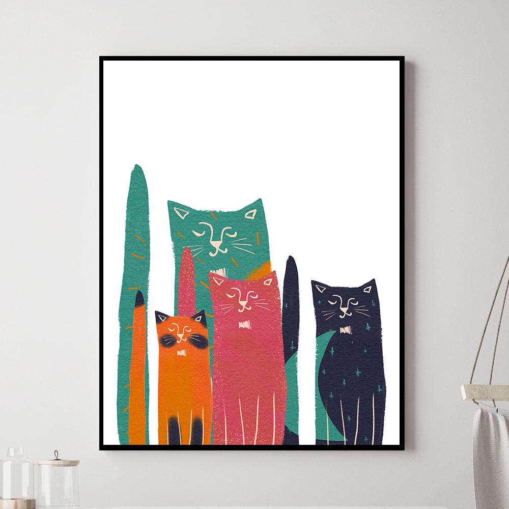 Nordic Spring Cute Cats Poster Hand Drawn Wall Art Canvas Painting Colorful Minimalist Picture For Living Room Home Decoration