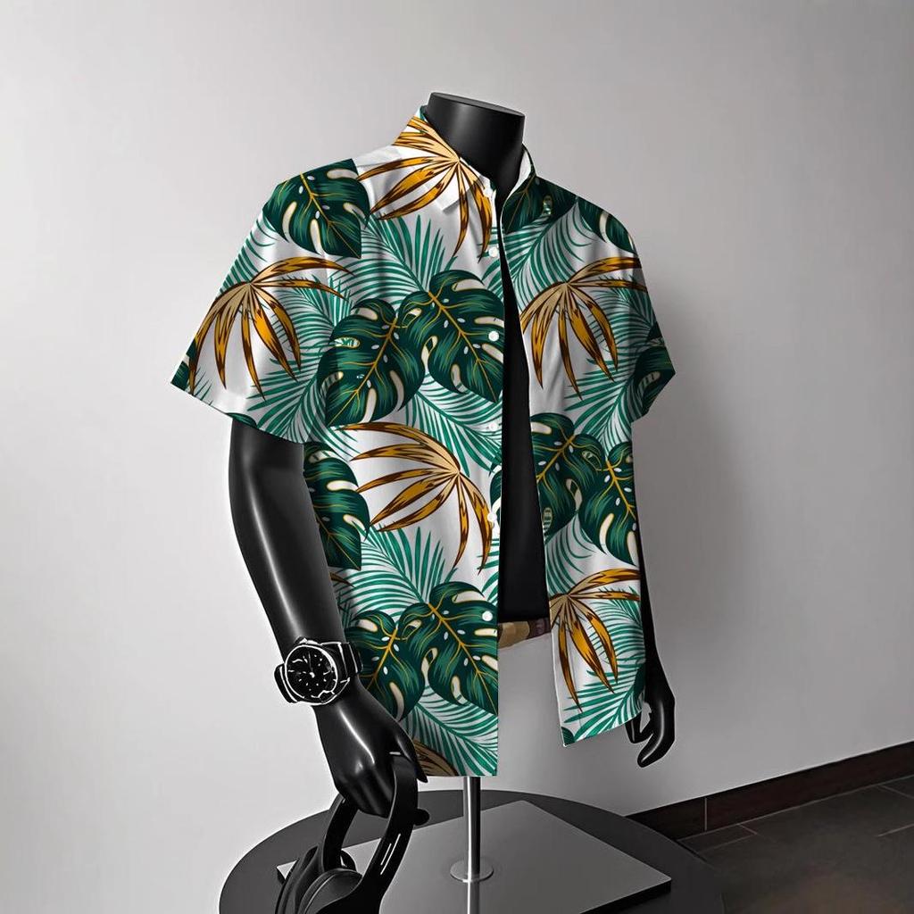 Men's Vintage Hong Kong-Style Hawaiian Floral Short-Sleeve Shirt: Trendy Summer Beachwear for Couples