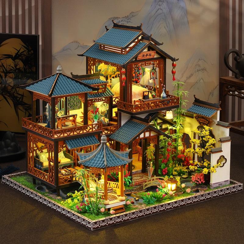

DIY Elegant Orchid Pavilion Miniature Kit - Handcrafted 3D Book Nook Model with Ancient Chinese Style, Creative Christmas Black коричневый