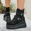 Fashion Wedge Cotton Boots Winter New Round Toe Front Lace-Up Rivet Metal Buckle Platform Anti-Slip Wear-Resistant Short Shoes