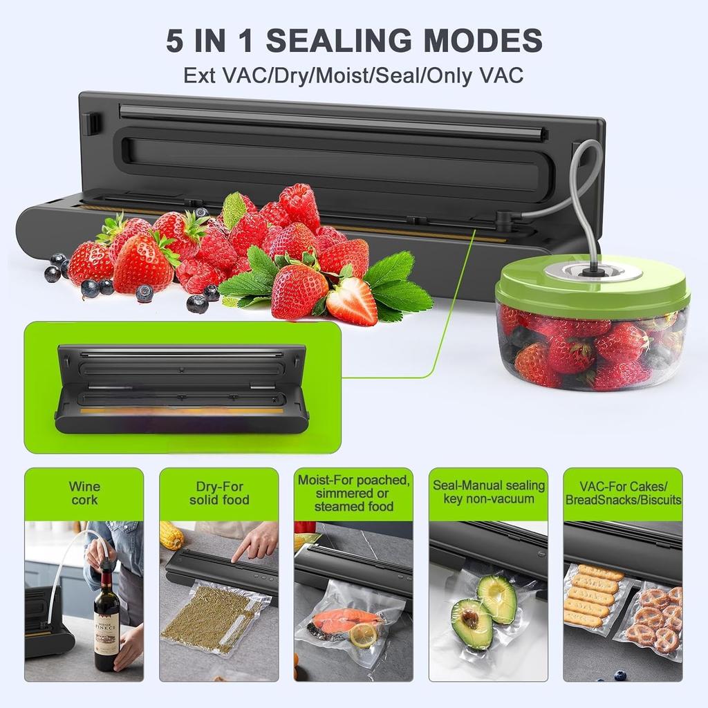 Vacuum Sealer Machine: Upgraded 5 in1 Food Vacuum Sealer with Dry&Moist Modes, LED Indicator Lights, Compact Design, Includes 15PCS Vacuum Seal
