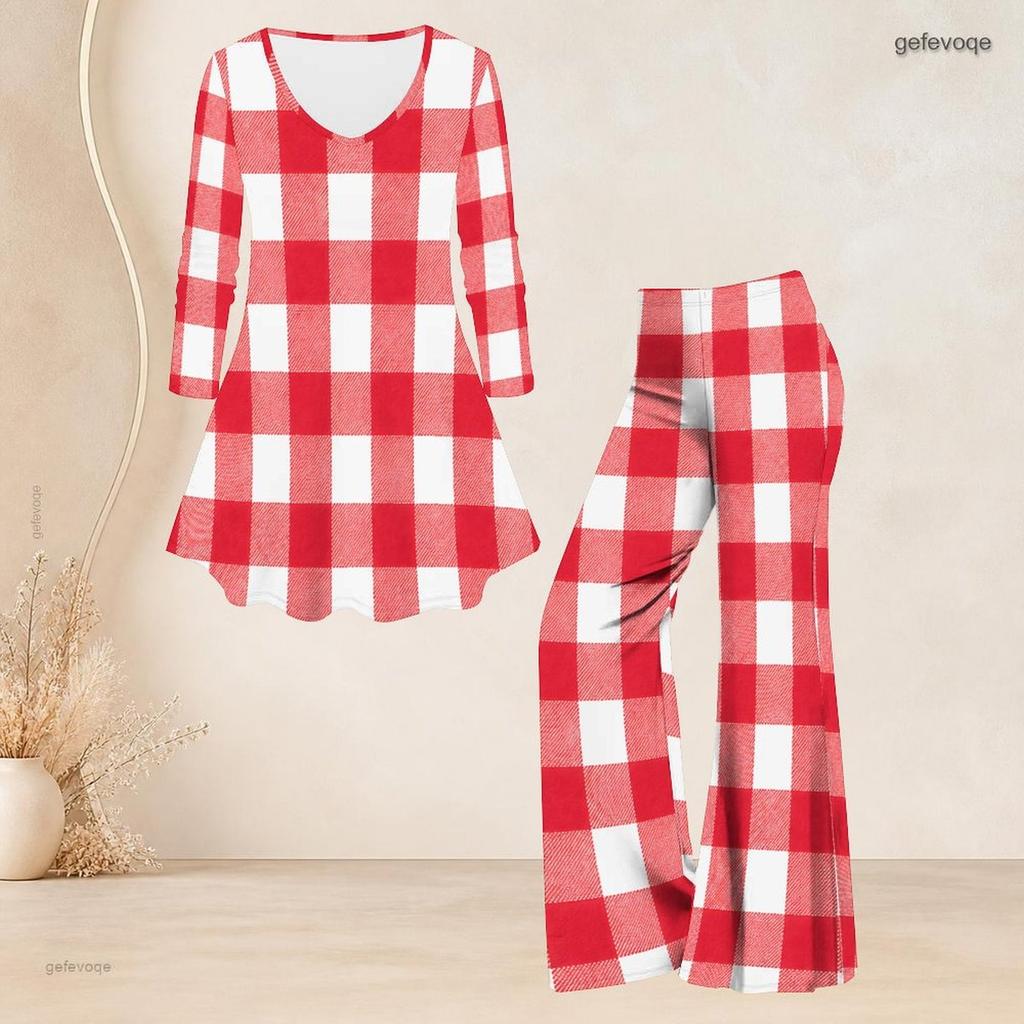 Women Plus Size V Neck Three Quarter Sleeve Printed Flared Top Flared Pants Two Piece Set
