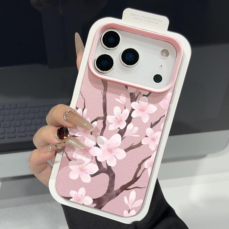 Hand-drawn Style Sakura Pattern Case For iPhone 17 Pro Max Leather Texture Soft Silicone Cover For iPhone 16 15 14 13 Pro 12 11 16E
