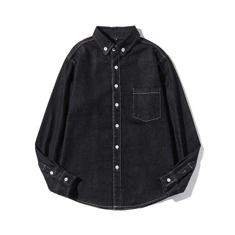 

Мужская хлопковая однотонная джинсовая рубашка, простая свободная универсальная мужская рубашка с длинными рукавами на весну и осень XL чёрный