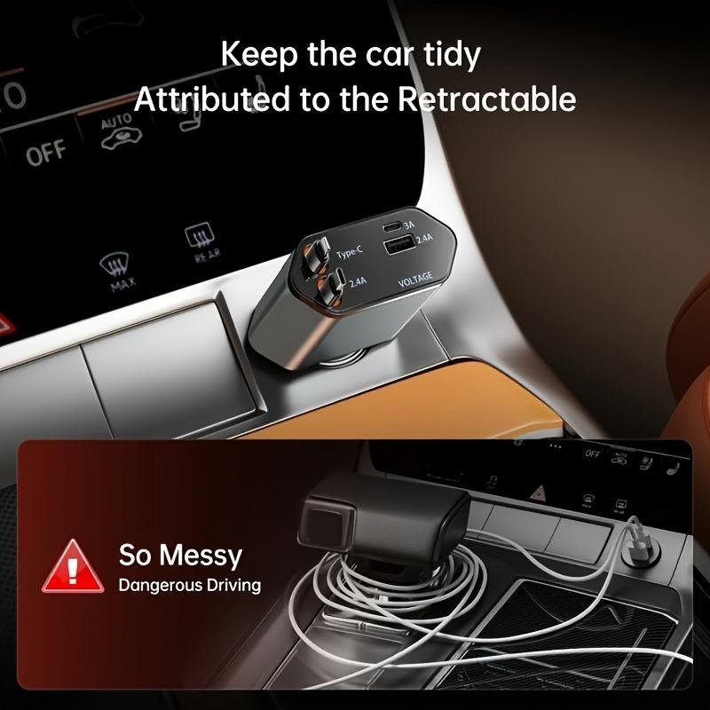 4-in-1 Einziehbarer 66W Autoladegerät mit Dual-Kabeln, USB-C- und USB-A-Anschlüssen, LED-Spannungsmonitor