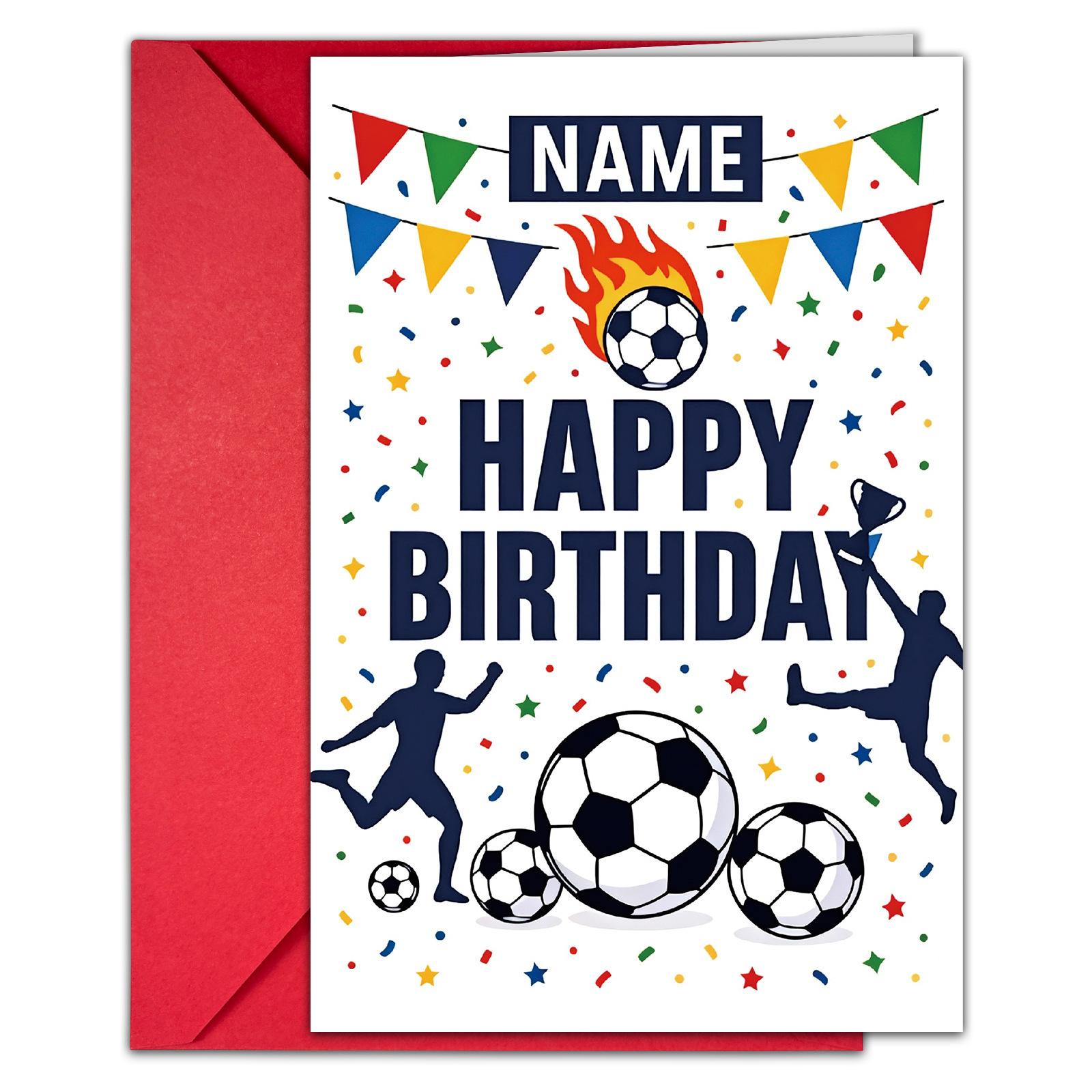 

Fan Exclusive Birthday Card, Football Silhouette + Trophy Bunting Fun Birthday Message, Red Envelope Greeting Card Set T020402238