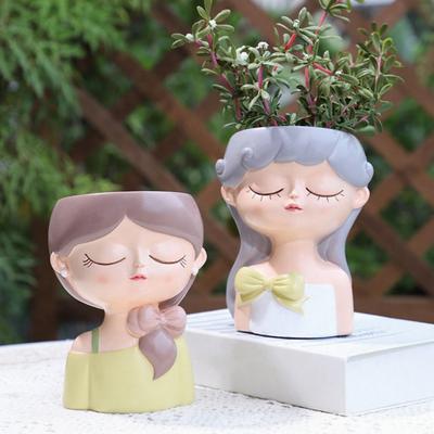 Cute Girl Face Planter, Resin Girl Head Planter, Decorative Small Plant Pot for Succulents Cactus Desk Balcony Decor