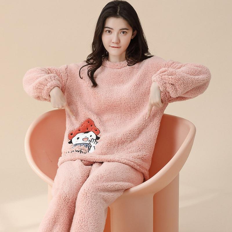 Autumn Winter Warm Sleepwear Thickened Warm Flannel Pajamas Student Long Sleeve Cartoon Ladies Loungewear Setpajamas Woman