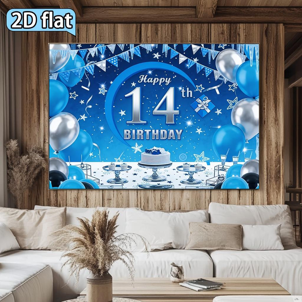2D Plane 14th Birthday Theme Background Fabric Blue and White Color Birthday Decoration Party Decoration Polyester Fiber