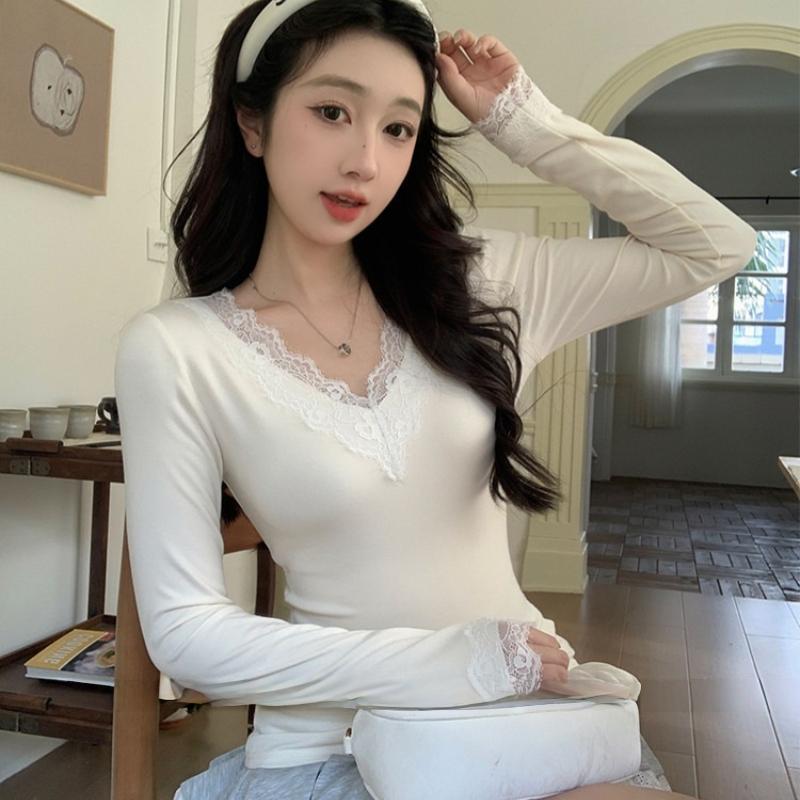 Damen French Lace Spliced Langarm V-Ausschnitt Hemd Slim Fit Bluse Basic Herbst Oberteil Normale Schulter