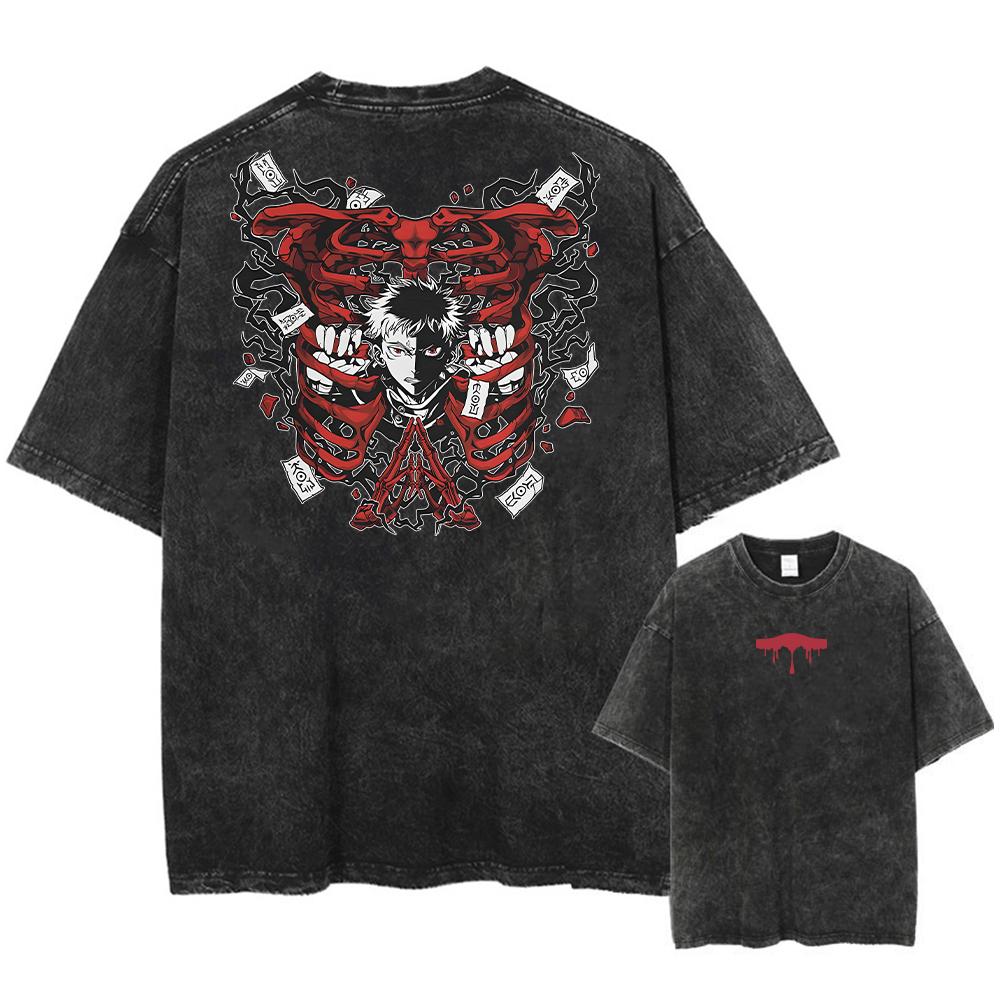 Men Streetwear Washed Acid Oversized T Shirt Japanese Anime Retro Worn Graphic Print T-Shirt Cotton Short Sleeve Tees