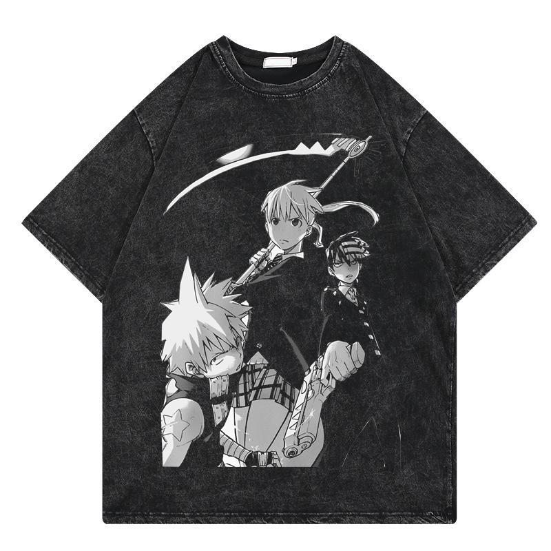 Anime Soul Eater Shirt Herren Atmungsaktiv Druck Polyester Kurzarm Vintage Gewaschenes T-Shirt Mode Harajuku Locker Y2k T-Shirts Oberteile