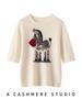 Women's Short Sleeve Cashmere Sweater with Embroidered Little Horse - Casual Round Neck, Loose Fit, Mid-Sleeve