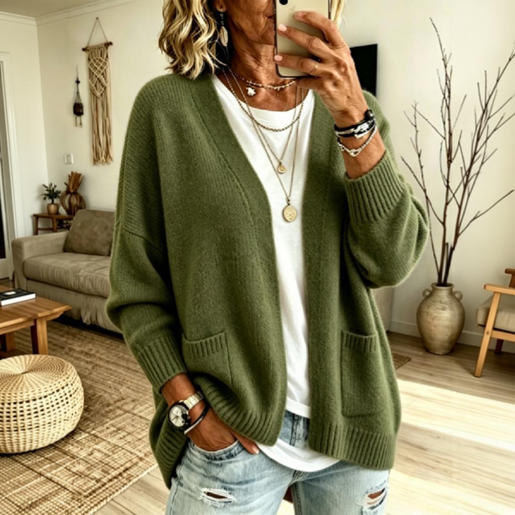 Women's Color Long Sleeve Loose Fit Cardigan Sweater with Pockets for Casual Daily Wear