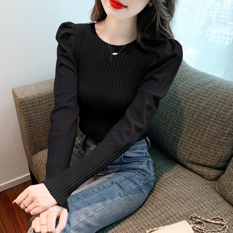 

Spring Autumn Korean Round Neck Long Sleeve Sweater Women Puff Sleeve Knit Top Base Layer Shirt One Size чёрный